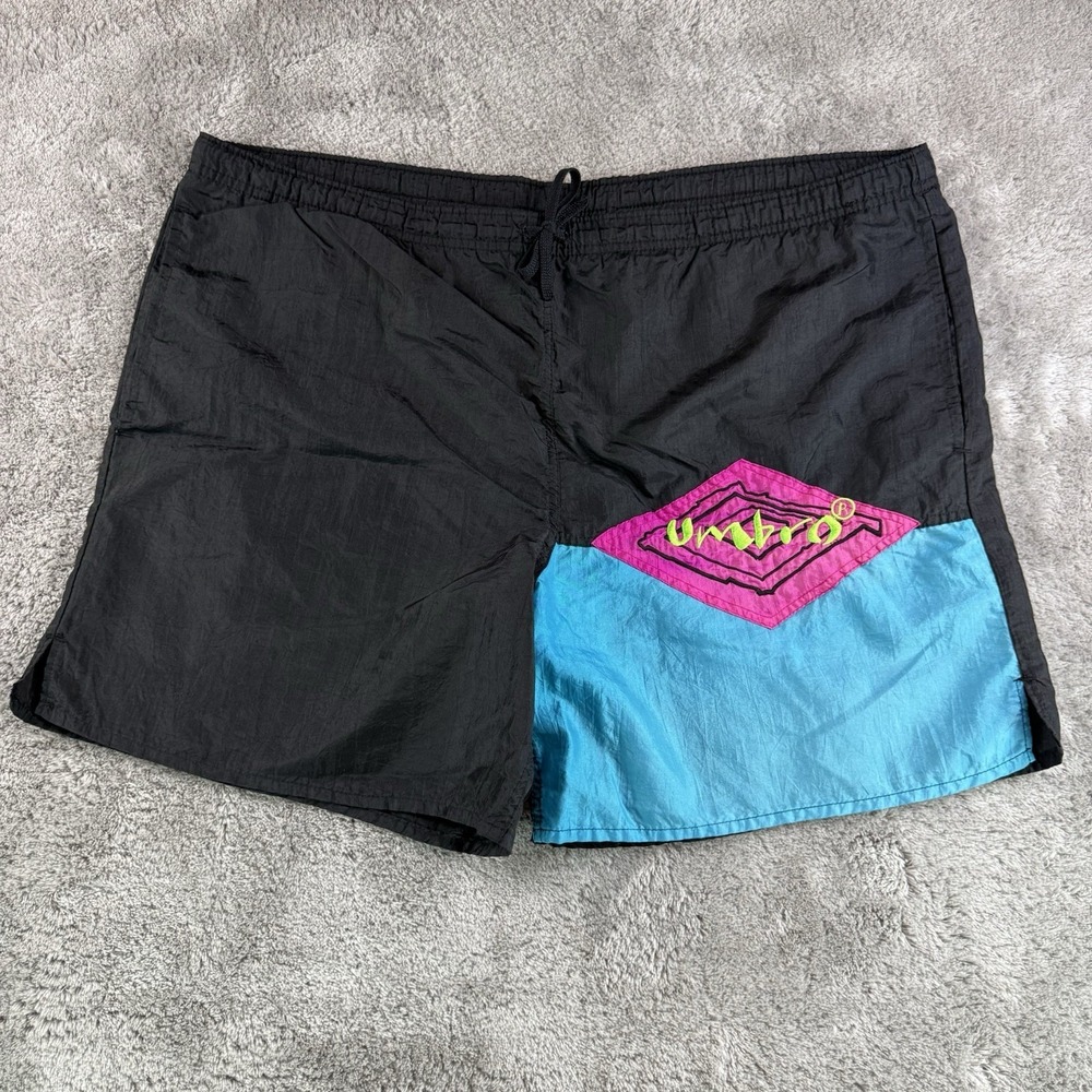 Vintage Umbro Shorts Mens Large 40" Black Neon Colorblock Embroidered Nylon VTG